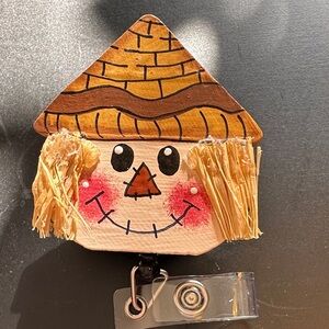 Cute Hand Painted Wooden Scarecrow Badge Reel with Alligator Clip
